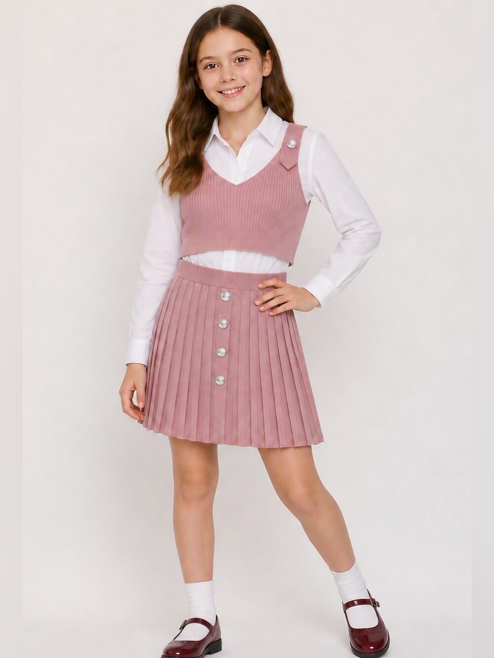 Kids STAR Pink Knit Skirt Cropped Top Set Silver Buttons Girl 14 Preppy Elegant